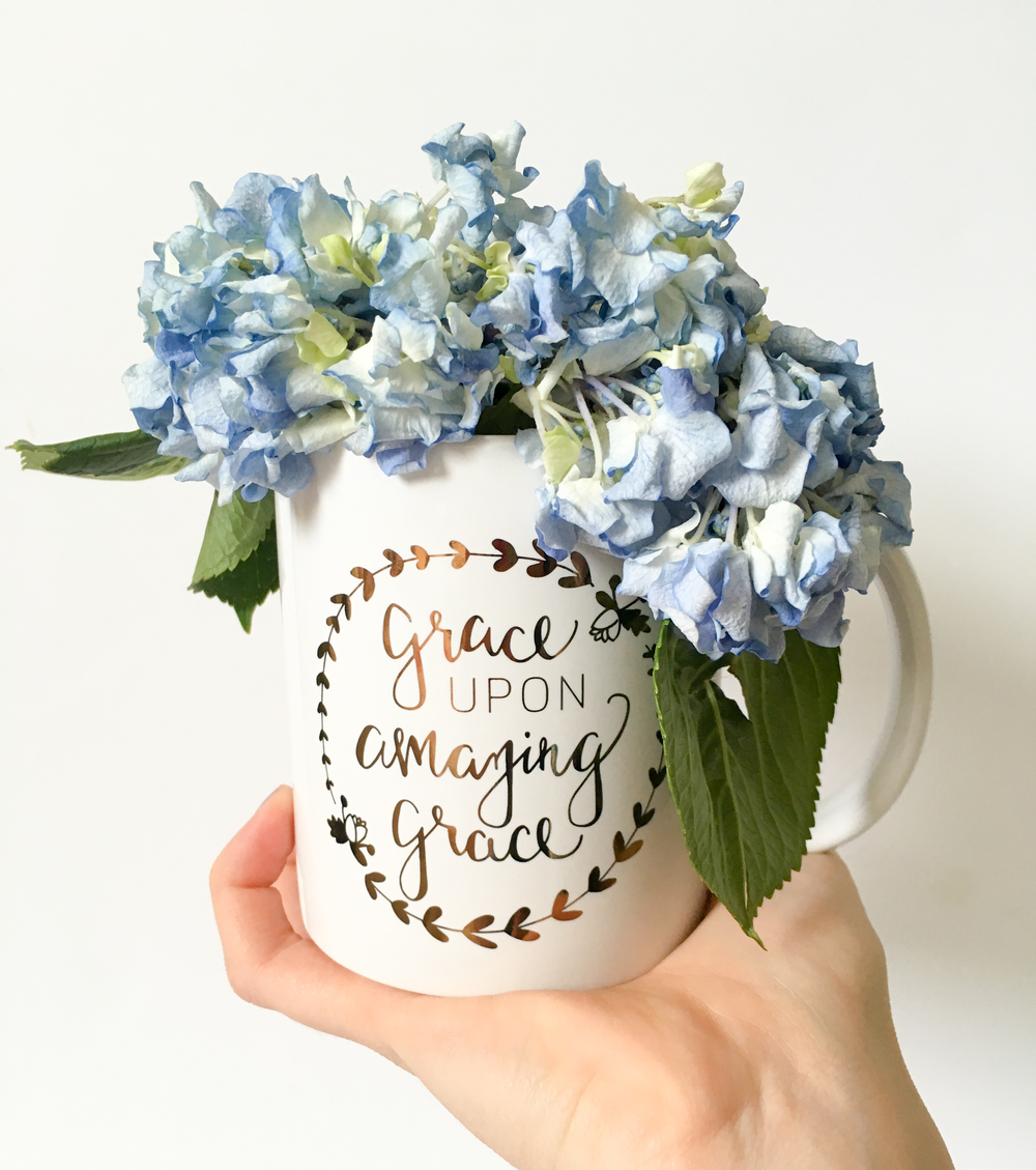  The  Grace Upon Amazing Grace mug  is a hand-lettered gold foil mug! 